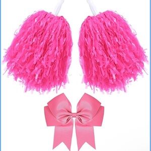 Pink Cheerleader Pom Poms and Bow Set